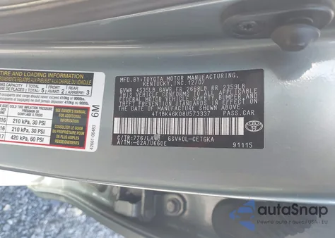 2008 Toyota Camry Xle V6 из США, поврежденный, VIN 4T1BK46K08U573337